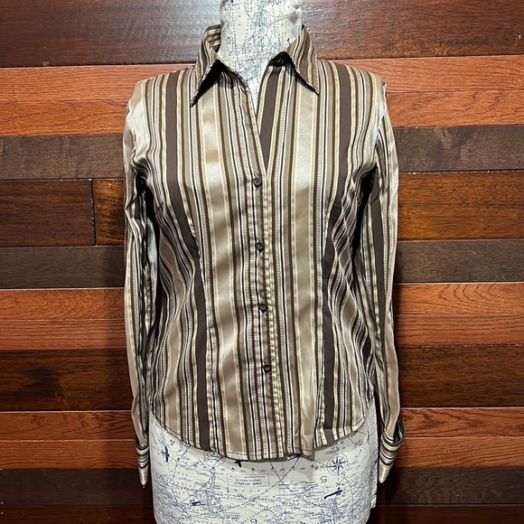 New York & Company Tops - New York & Company Collared Long Sleeve Metallic Browns Button Down Blouse